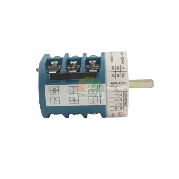 Industrial rotary cam switch with blue body, screw terminals, and metal shaft on a white background.