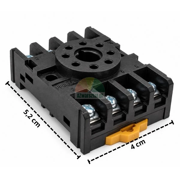 Black DIN rail relay socket with screw terminals measuring 5.2 cm by 4 cm