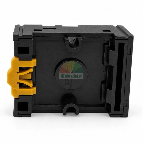 Black relay socket with screw terminals for DIN rail, bottom view with yellow clip