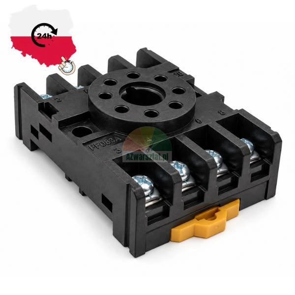 Black PF083A relay socket with screw terminals for DIN rail